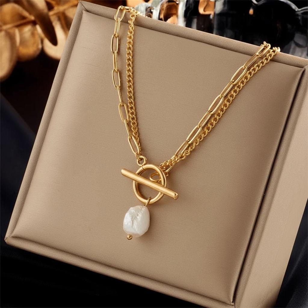 Layered Pearl Toggle Necklace 18K Gold Plated
