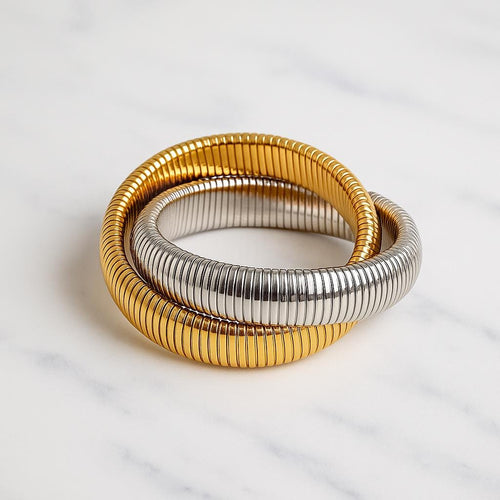 18K Gold Plated Ribbed Bangle Bracelet - Stainless Steel Interlocking Stack