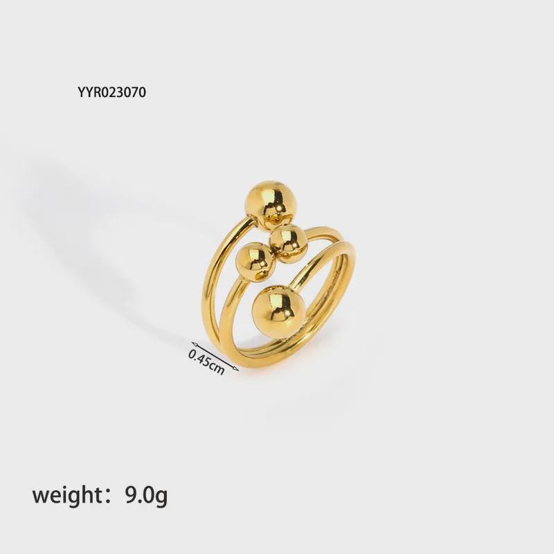 18K Gold Plated Ball Ring: Adjustable Open Stainless Steel Ring