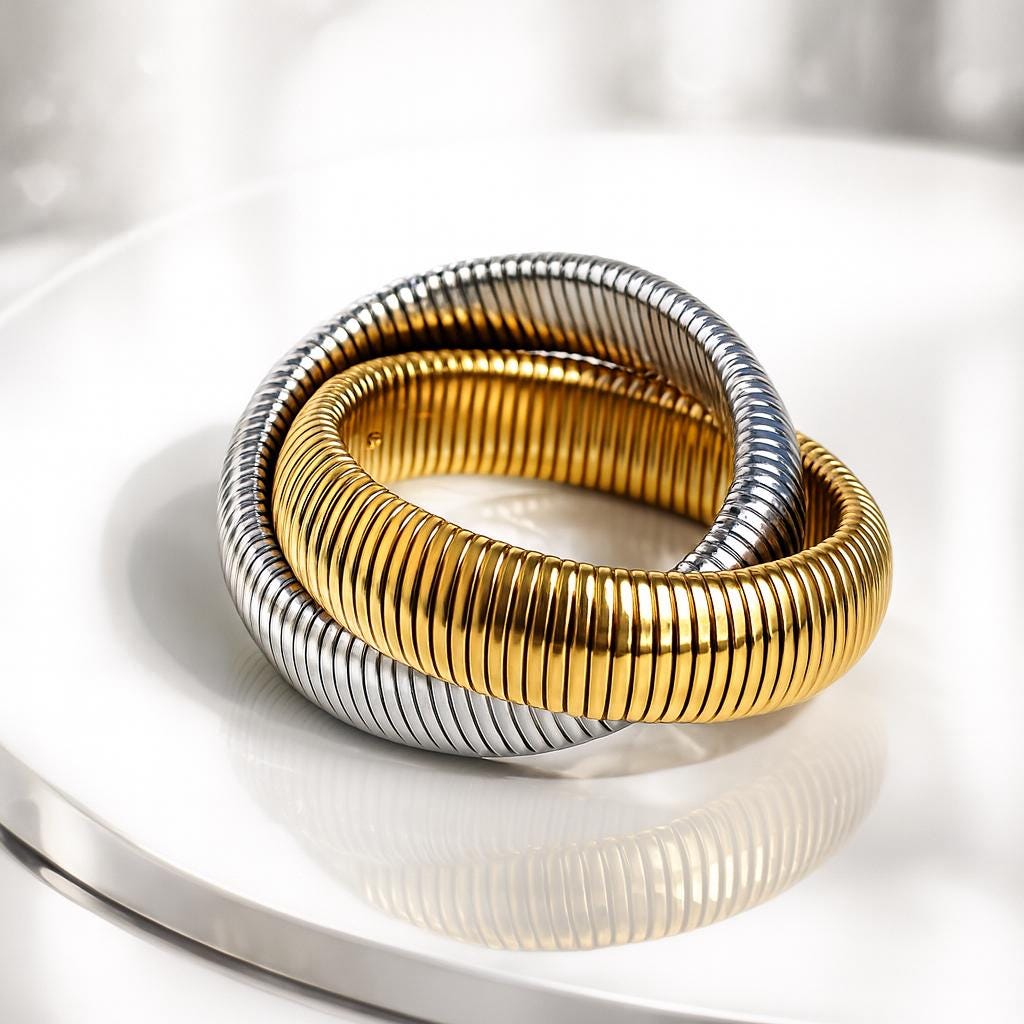 18K Gold Plated Ribbed Bangle Bracelet - Stainless Steel Interlocking Stack