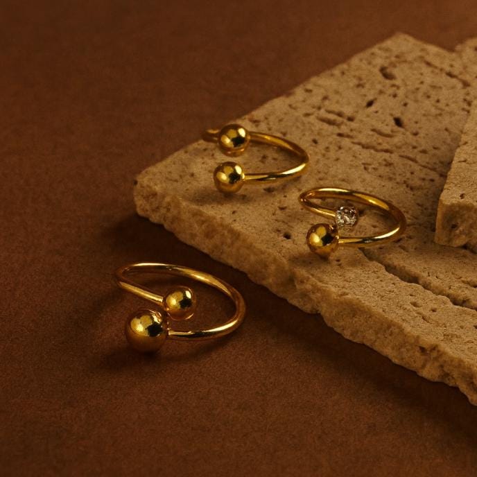 18K Gold Plated Ball Ring: Adjustable Open Stainless Steel Ring
