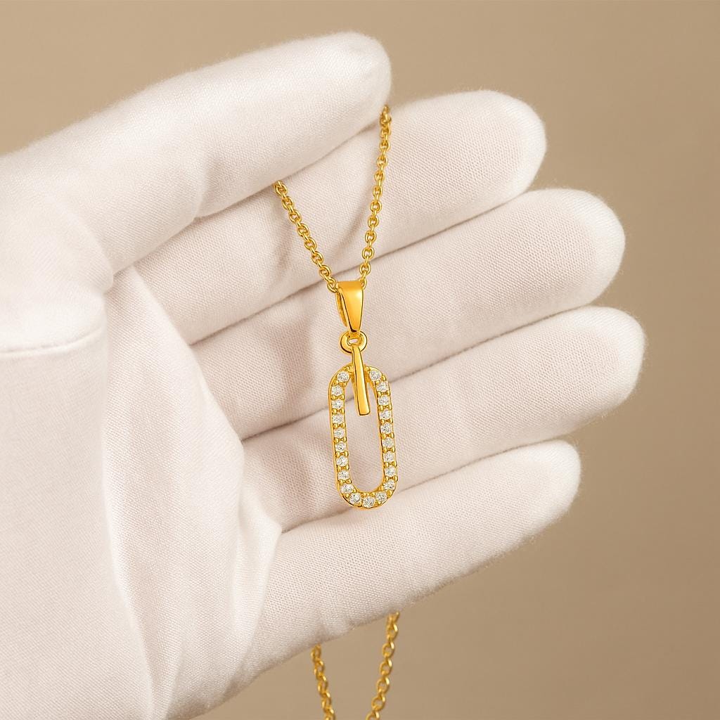 Paper Clip Necklace with Oval Zircon Pendant | 18K Gold Plated