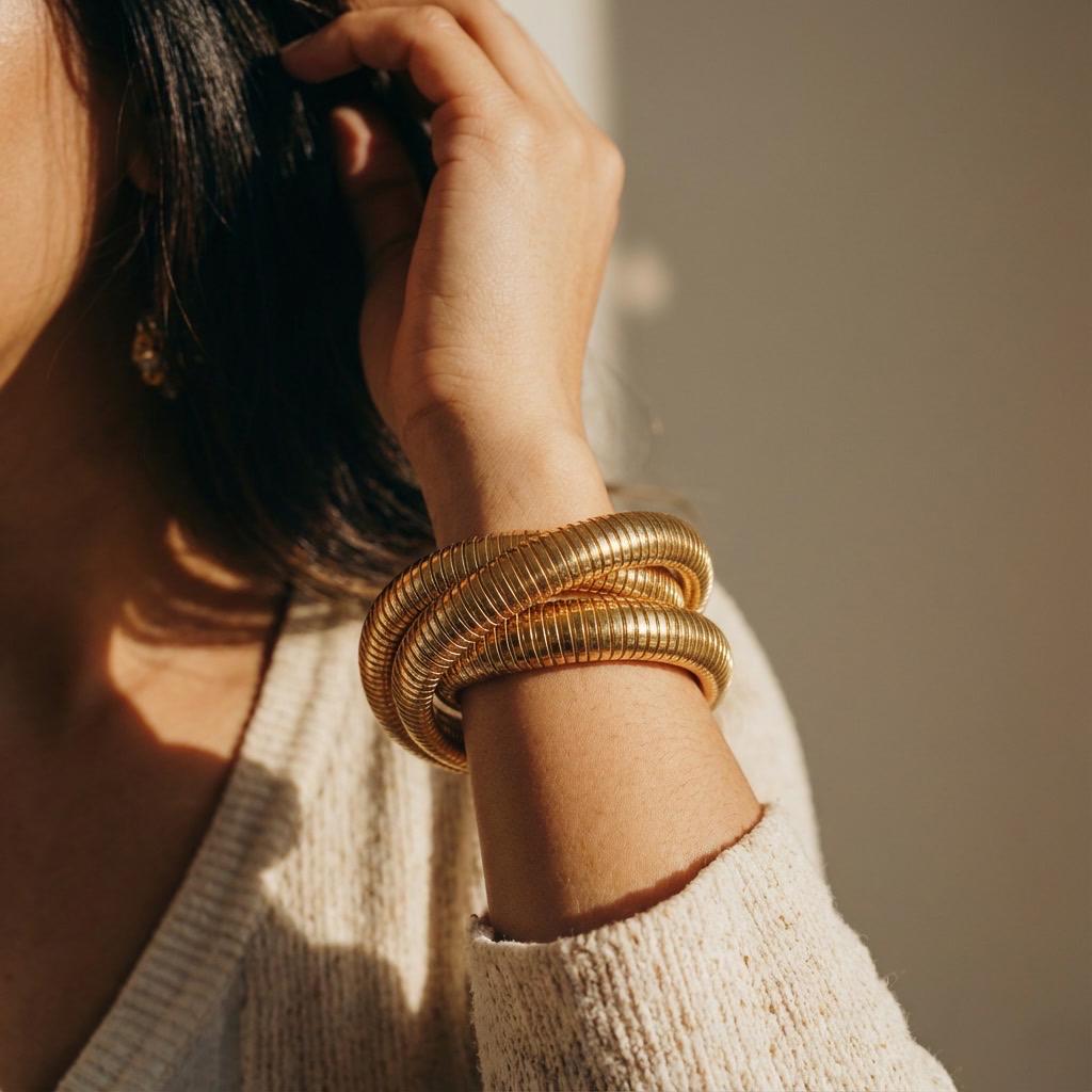 18K Gold Plated Ribbed infinity Bangle Bracelet, triple interlocking, Wide Cuff, Stainless Steel. Gift for Her, gift for him.