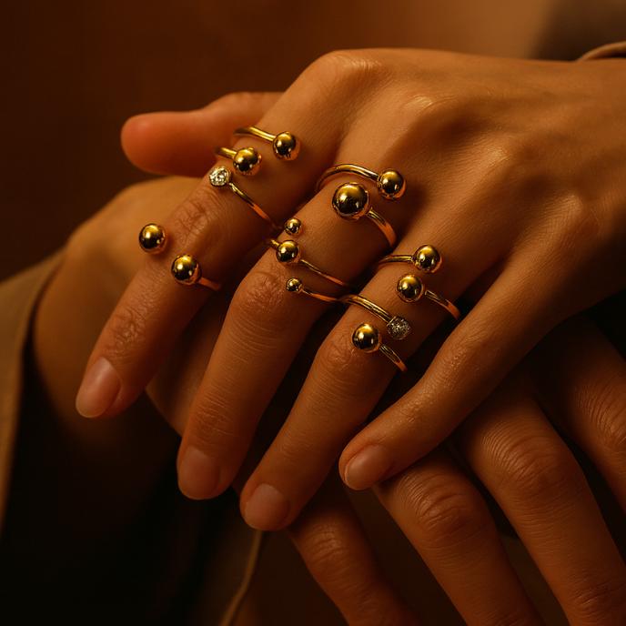 18K Gold Plated Ball Ring: Adjustable Open Stainless Steel Ring