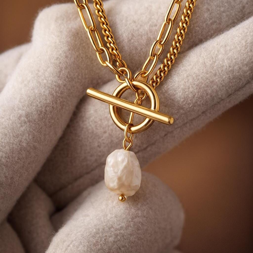Layered Pearl Toggle Necklace 18K Gold Plated