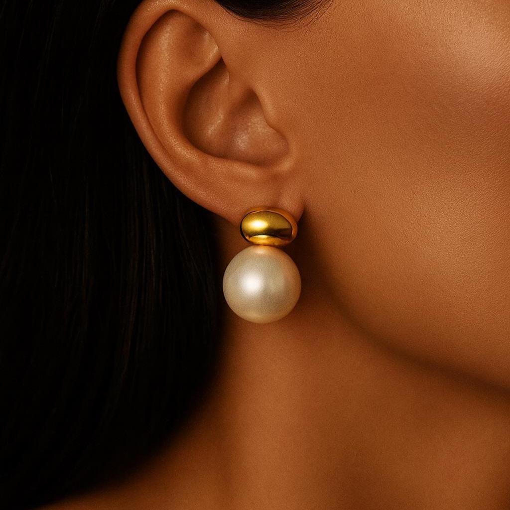 Pearl Stud Earrings: 18K Gold Plated Stainless Steel Geometric Design