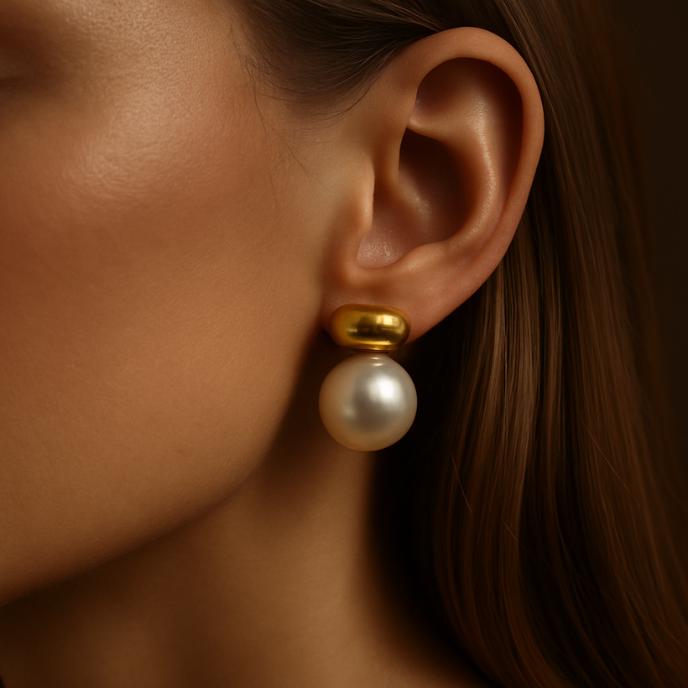 Pearl Stud Earrings: 18K Gold Plated Stainless Steel Geometric Design