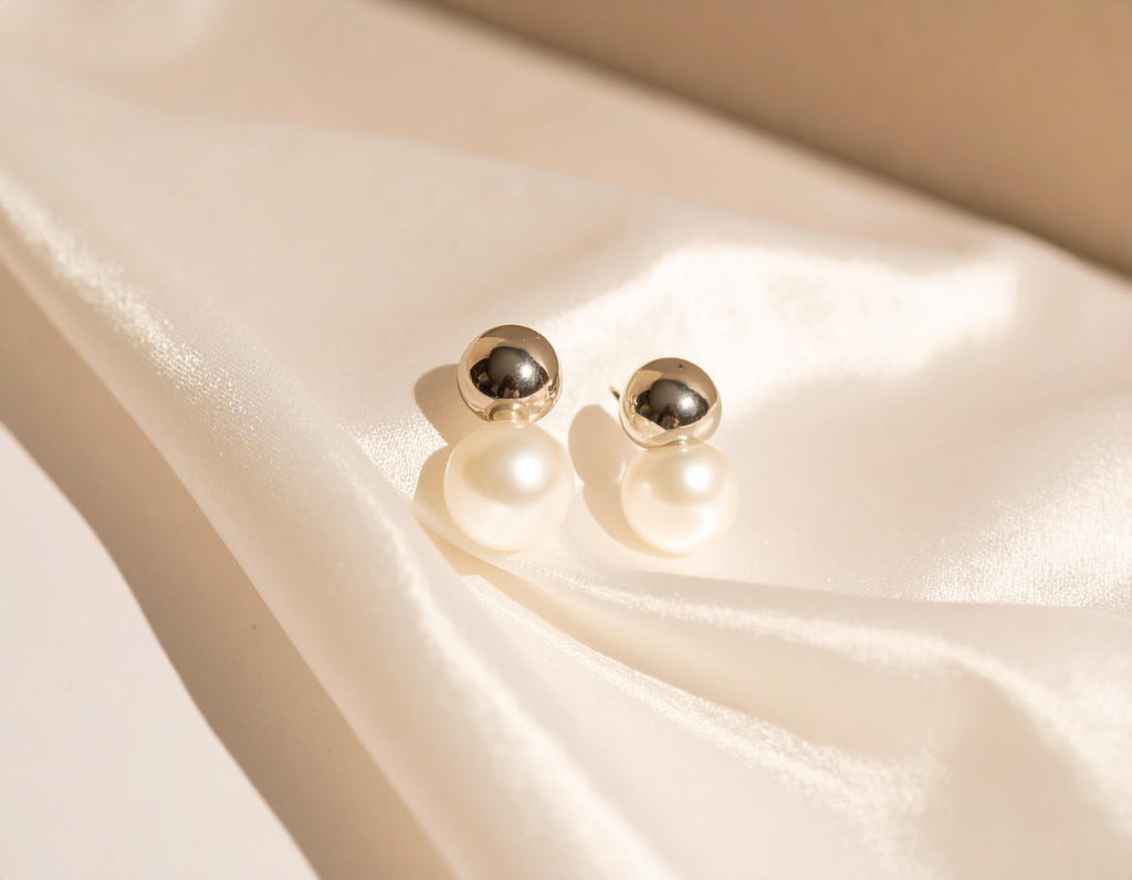 Sphere Gold Pearl Stud Earrings - Minimalist Stainless Steel