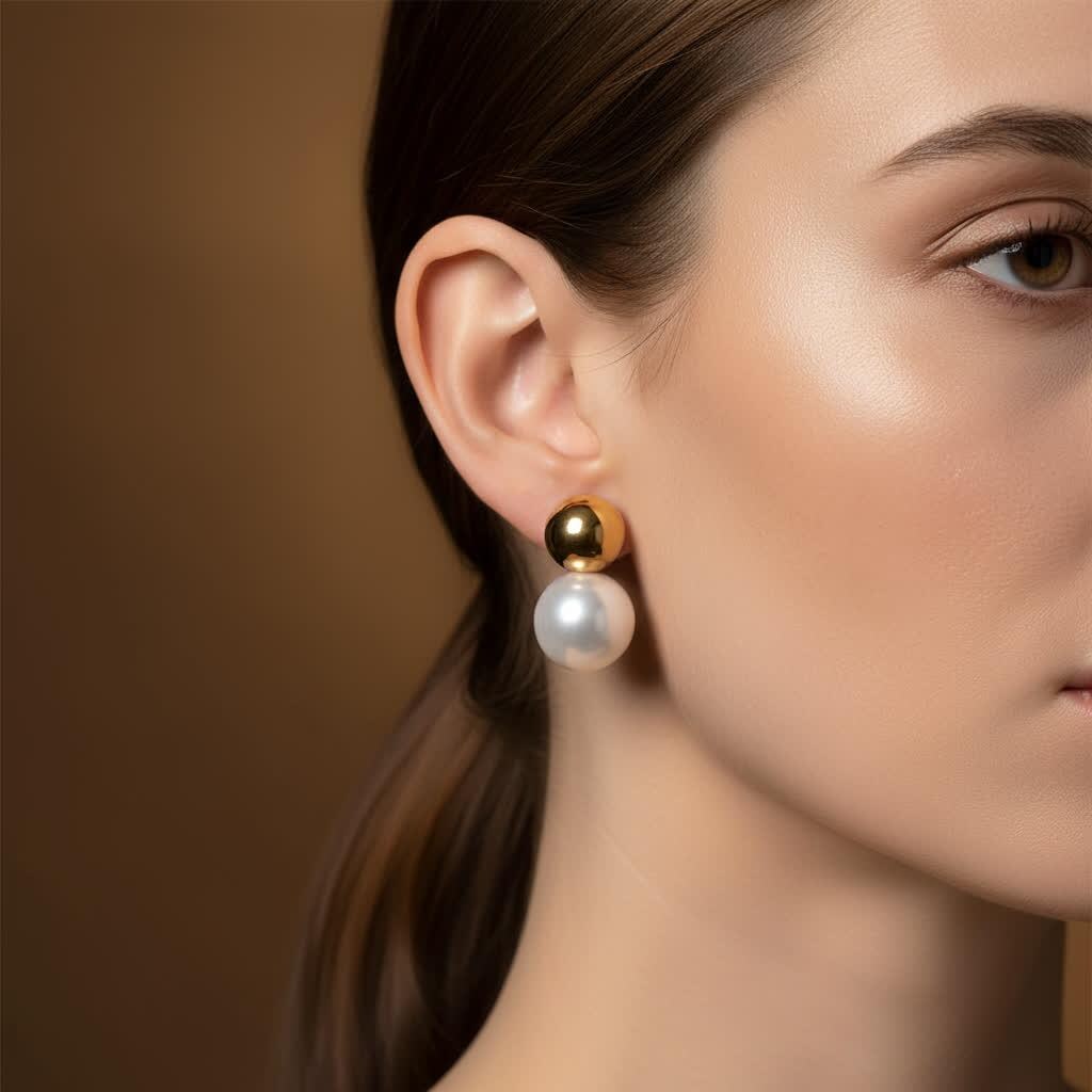 Sphere Gold Pearl Stud Earrings - Minimalist Stainless Steel