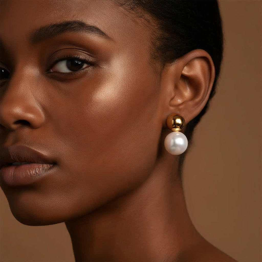 Sphere Gold Pearl Stud Earrings - Minimalist Stainless Steel