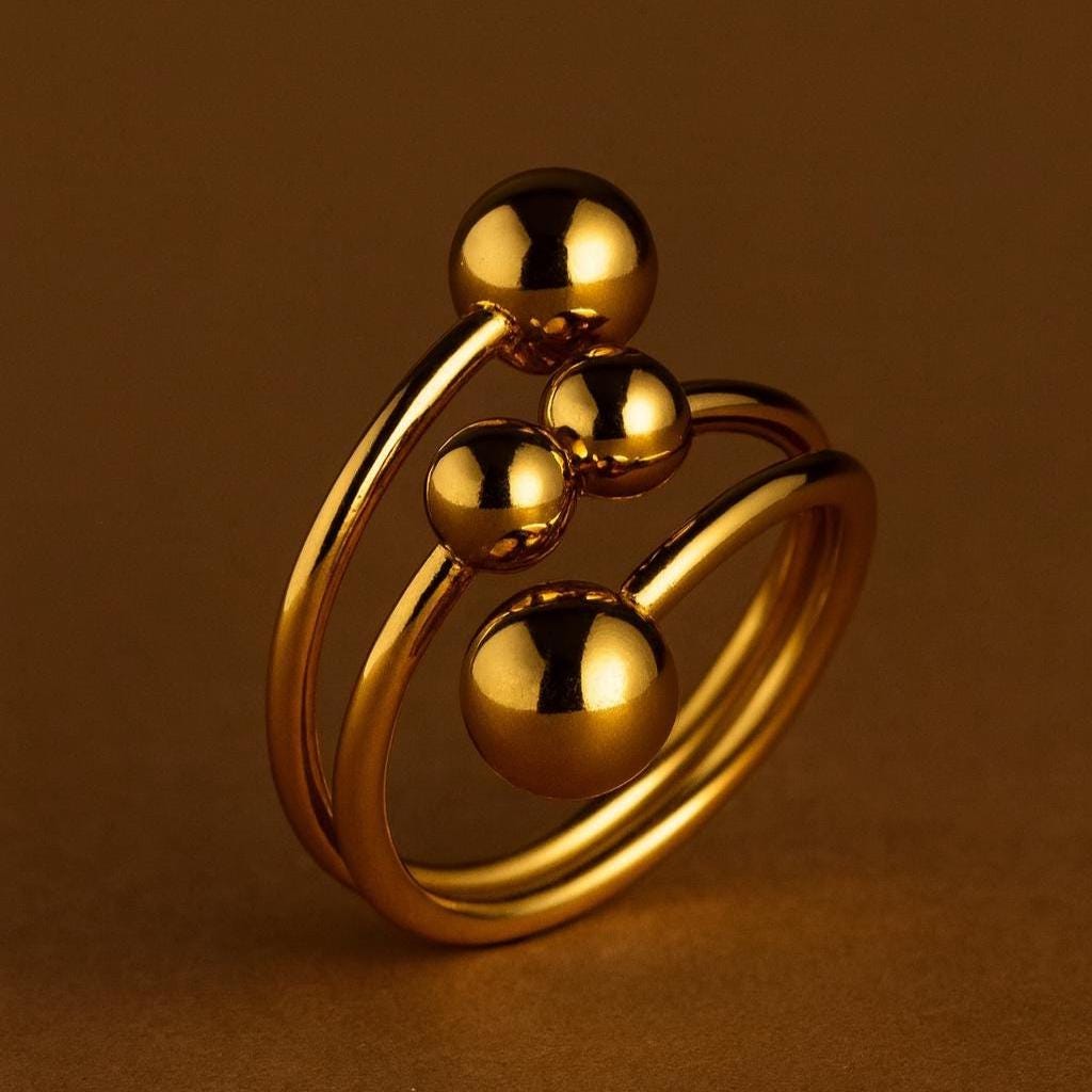 18K Gold Plated Ball Ring: Adjustable Open Stainless Steel Ring