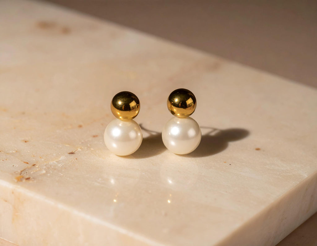 Sphere Gold Pearl Stud Earrings - Minimalist Stainless Steel