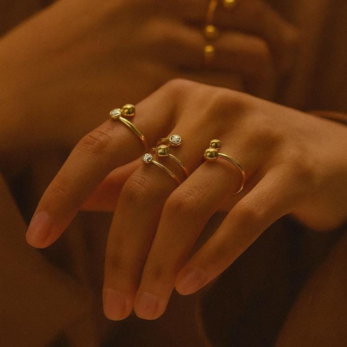 18K Gold Plated Ball Ring: Adjustable Open Stainless Steel Ring