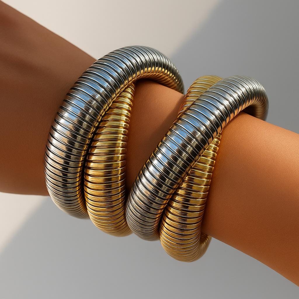 18K Gold Plated Ribbed Bangle Bracelet - Stainless Steel Interlocking Stack