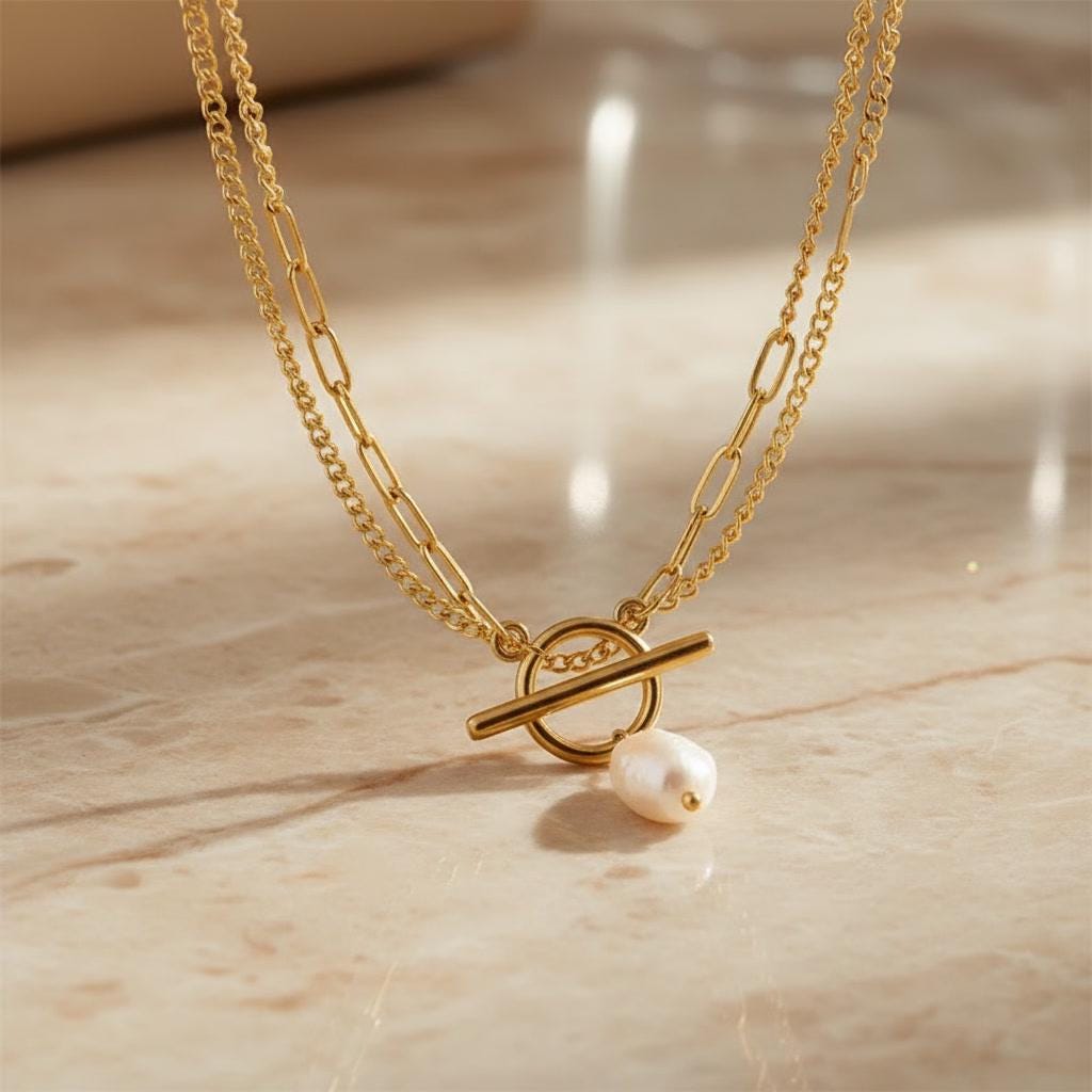 Layered Pearl Toggle Necklace 18K Gold Plated