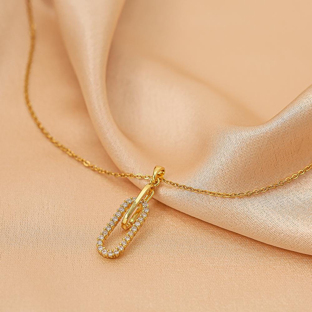 Paper Clip Necklace with Oval Zircon Pendant | 18K Gold Plated