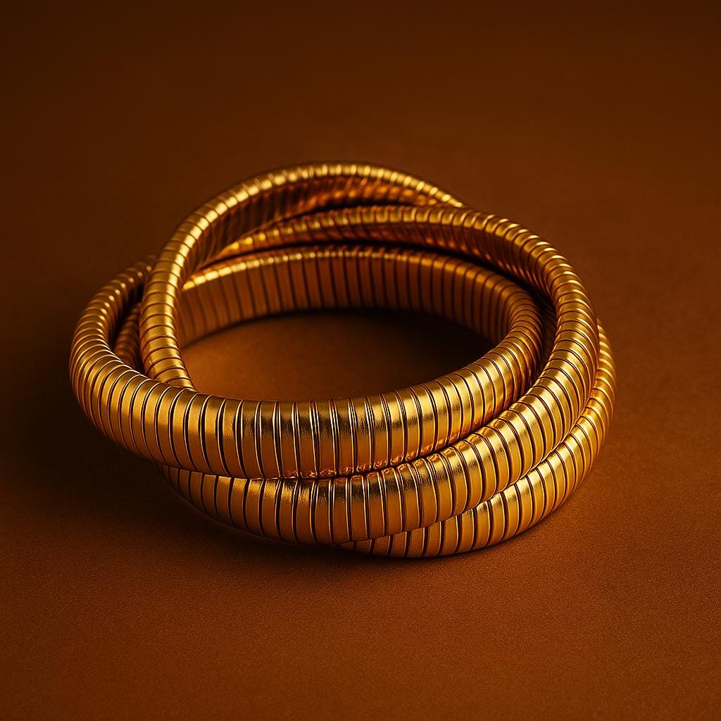 18K Gold Plated Ribbed infinity Bangle Bracelet, triple interlocking, Wide Cuff, Stainless Steel. Gift for Her, gift for him.