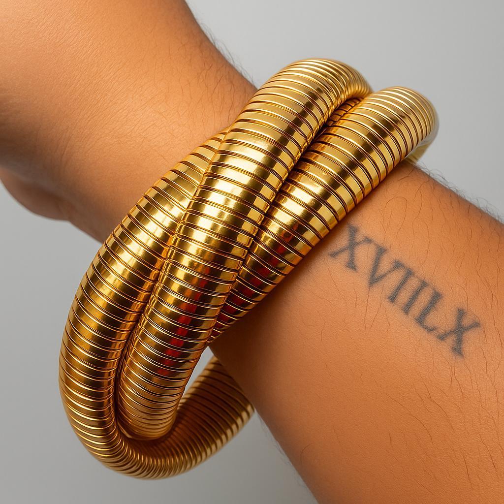 18K Gold Plated Ribbed infinity Bangle Bracelet, triple interlocking, Wide Cuff, Stainless Steel. Gift for Her, gift for him.