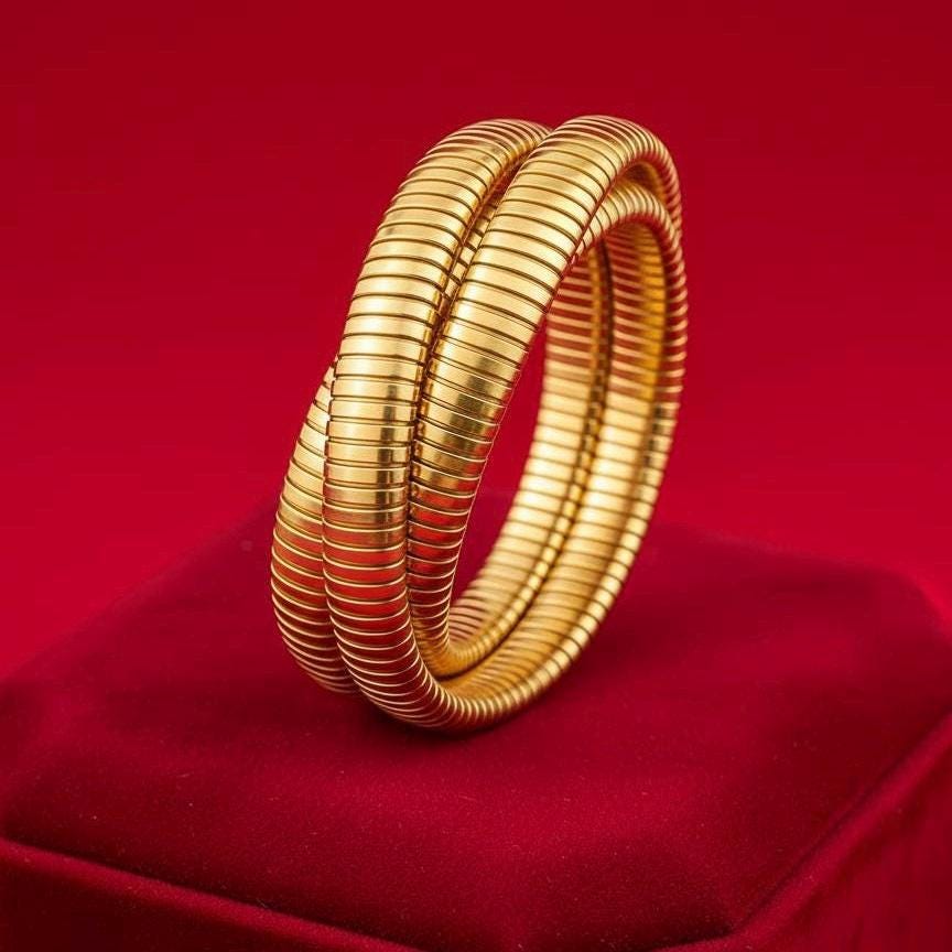 18K Gold Plated Ribbed infinity Bangle Bracelet, triple interlocking, Wide Cuff, Stainless Steel. Gift for Her, gift for him.