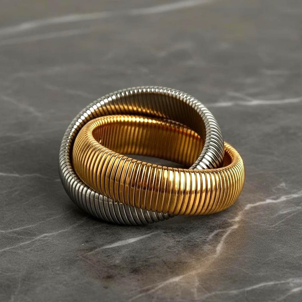 18K Gold Plated Ribbed Bangle Bracelet - Stainless Steel Interlocking Stack