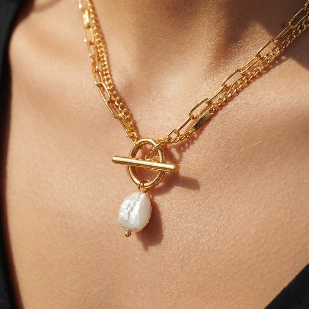 Layered Pearl Toggle Necklace 18K Gold Plated