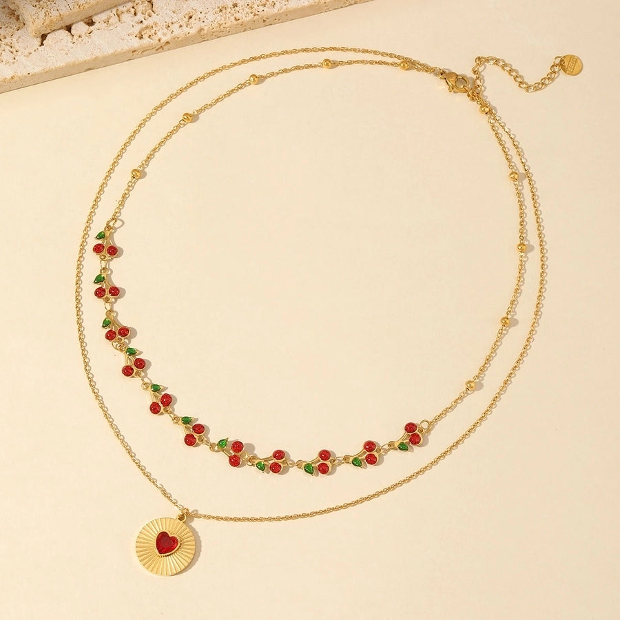 Jewelry Vacation Simple Style Cherry Heart Shape 304 Stainless Steel Resin 18K Gold Plated Inlay Double Layer Necklaces Pendant Necklace